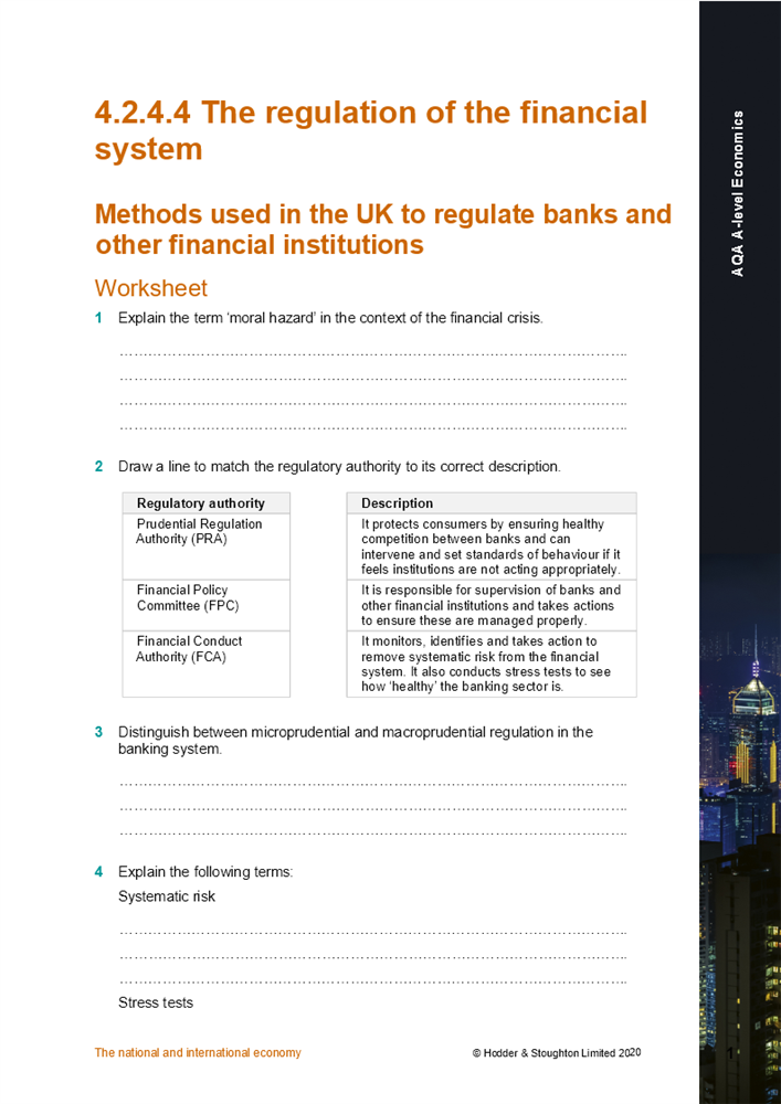 Worksheet the regulation of the financial system Boost
